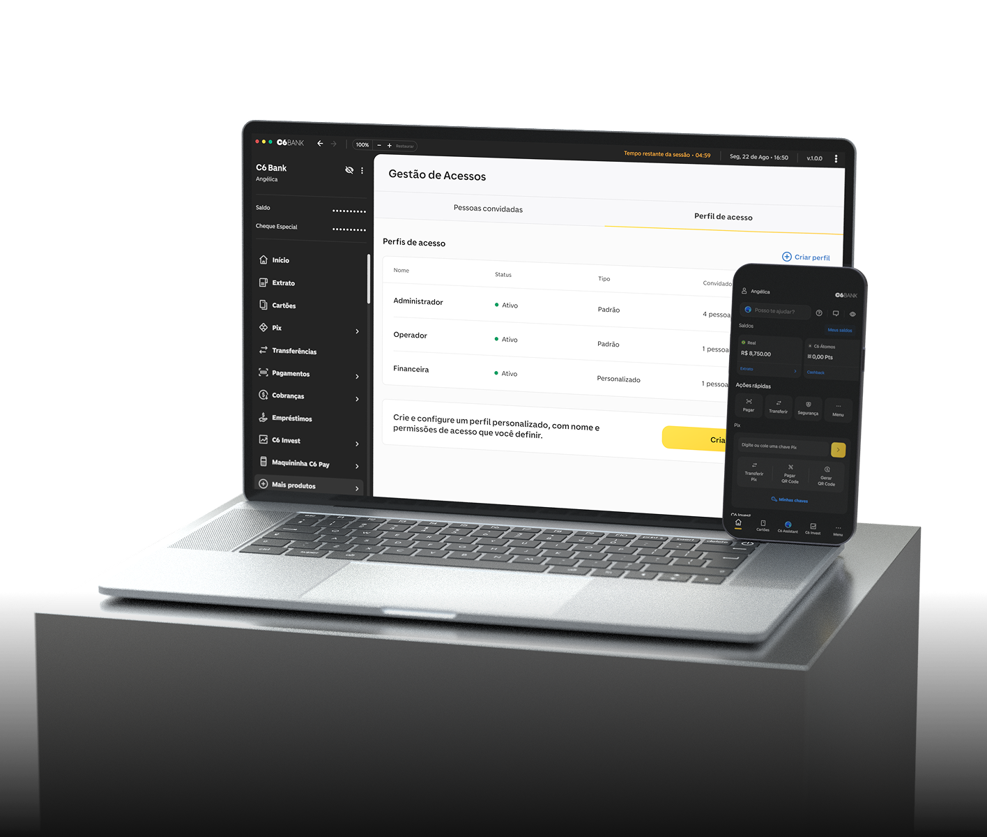 Notebook com Web Banking do C6 Bank e celular exibindo a home do app do C6 Bank.