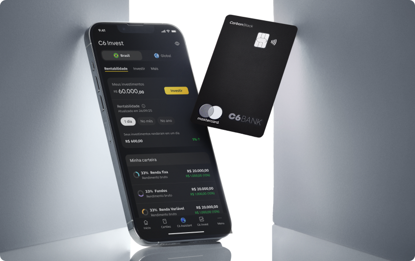 App C6 Invest aberto ao lado do Cartão C6 Carbon. Visual limpo e moderno destaca tecnologia e investimentos.