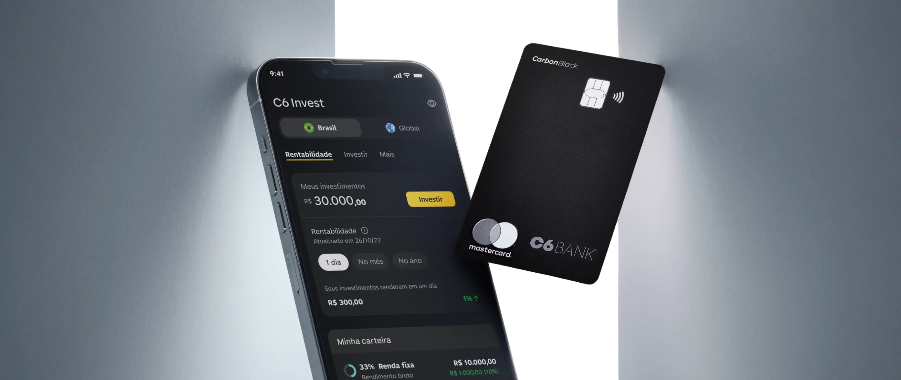 Tela Home C6 Invest e Cartão C6 Carbon App C6 Invest aberto ao lado do Cartão C6 Carbon. Visual limpo e moderno destaca tecnologia e investimentos.