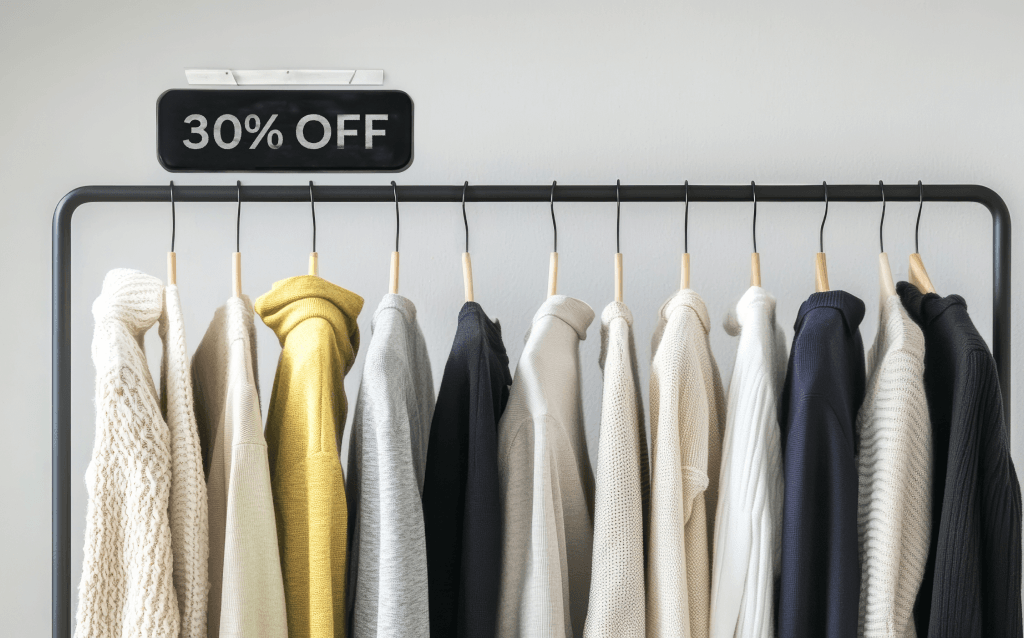 imagem de várias compras penduradas em uma arara com o etiqueta de 30% off