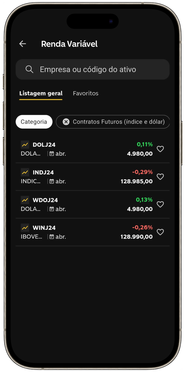 Imagem de celular aberto na tela com as opções de investimentos de renda variável, dentro do C6 Invest, no app do C6 Bank