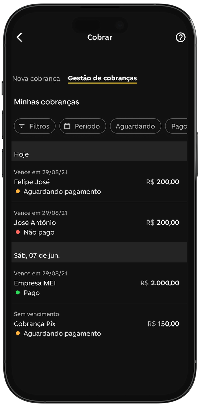 Tela do app C6 Bank em "Gestão de cobranças", mostrando lista de cobranças com status, datas e valores.