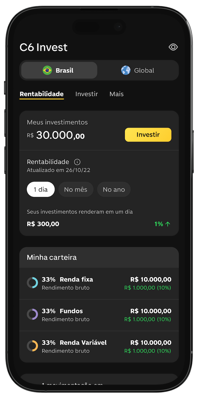 Celular com app C6 Bank aberto na tela de investimentos do C6 Invest