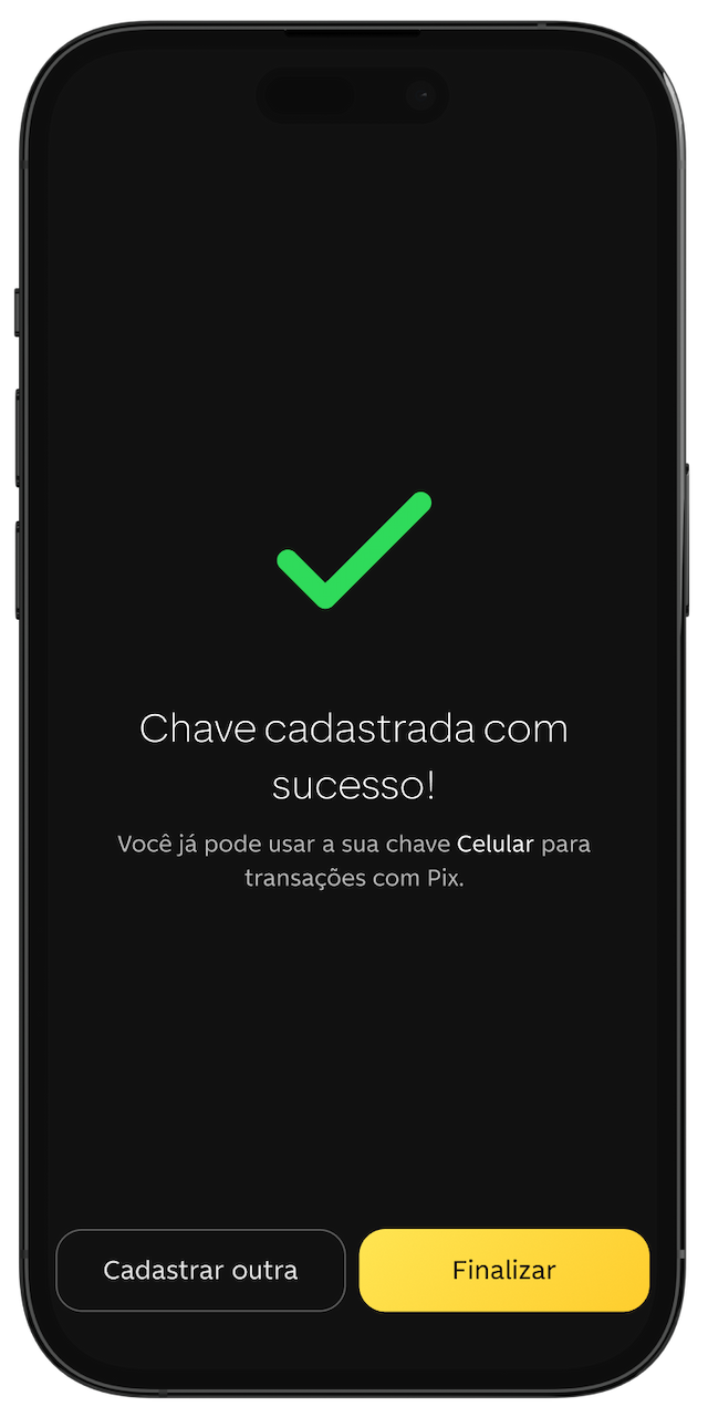 Foto de celular com a tela de conclusão de cadastro de chaves Pix