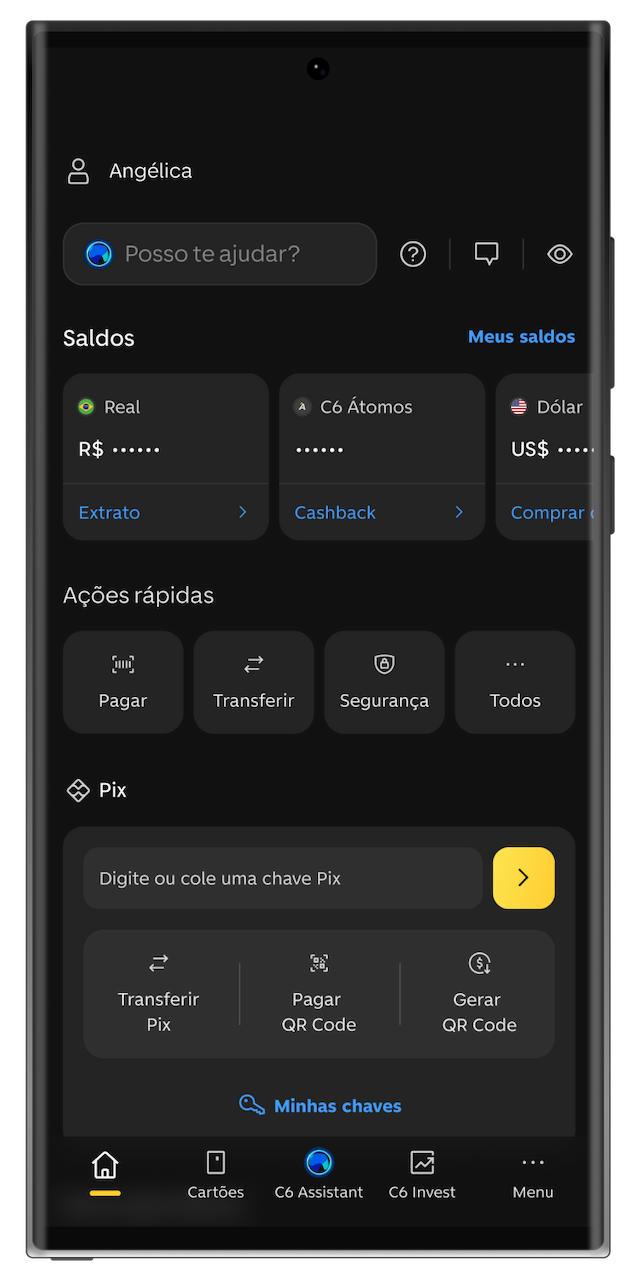 Tela inicial do app C6 Bank com saldo em reais e dólares, ações rápidas e opções Pix. Menu inferior para navegação.