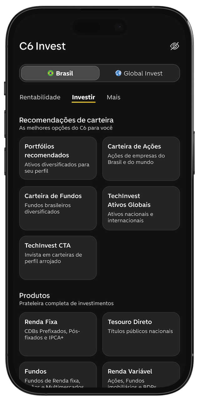 Celular com app C6 Bank aberto na tela de C6 Invest mostrando carteiras recomendadas