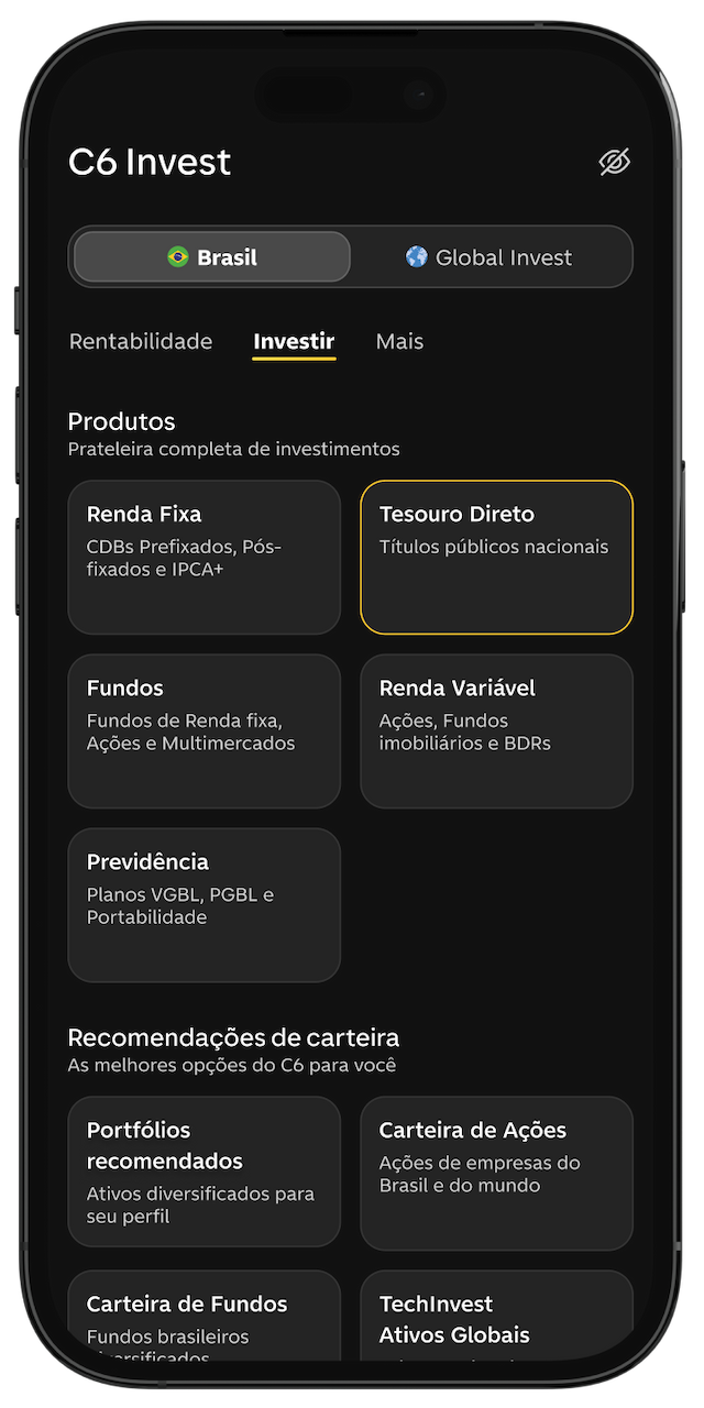 Celular com app C6 Bank aberto na tela de C6 Invest com Tesouro Direto destacado