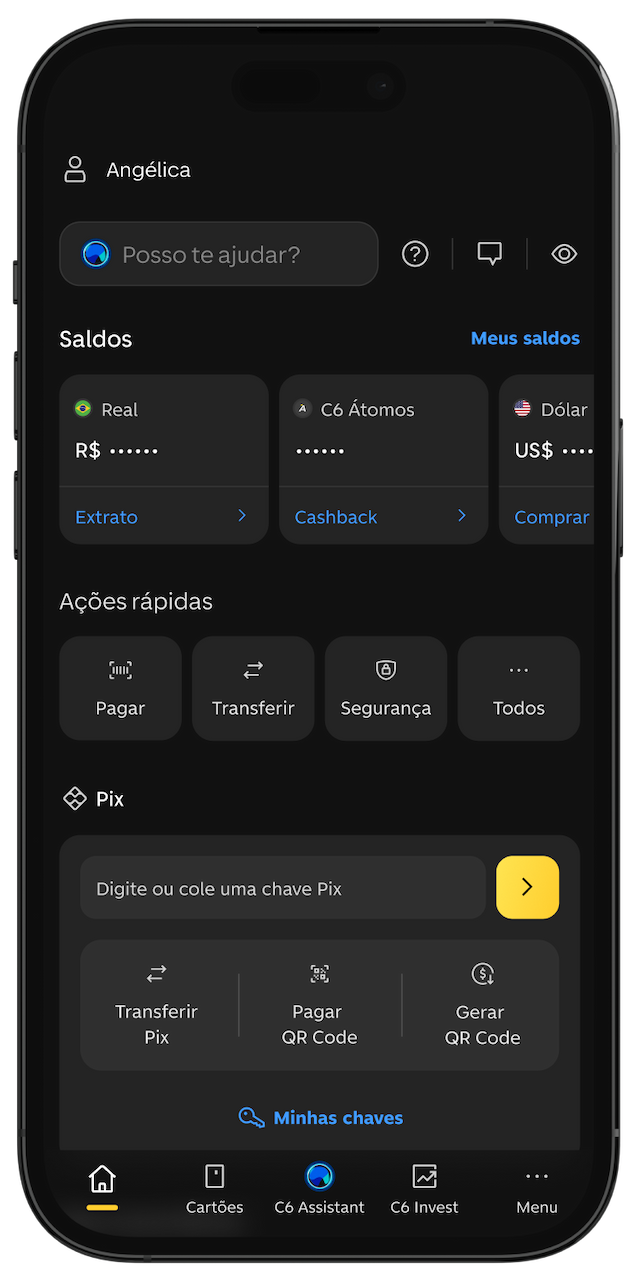 Tela inicial do app C6 Bank com saldo em reais e dólares, ações rápidas e opções Pix. Menu inferior para navegação.