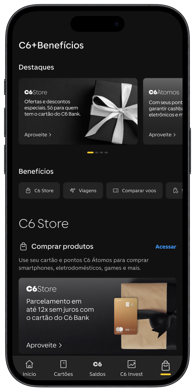 Imagem de celular com a tela da área de Benefícios do app do C6 Bank