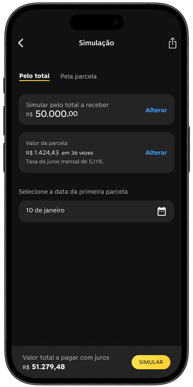 Celular aberto no app do C6 Bank na área de simulação do Empréstimo MEI