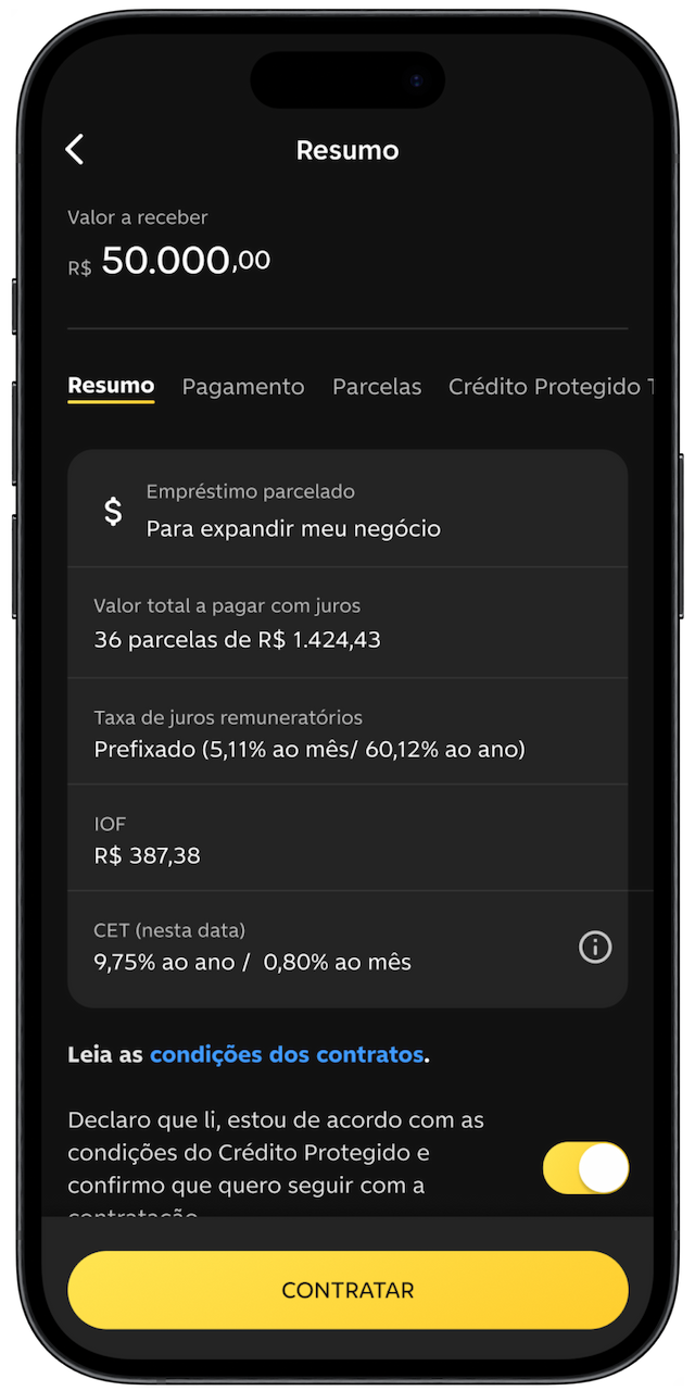 Celular aberto no app do C6 Bank no resumo da contratação do Empréstimo MEI