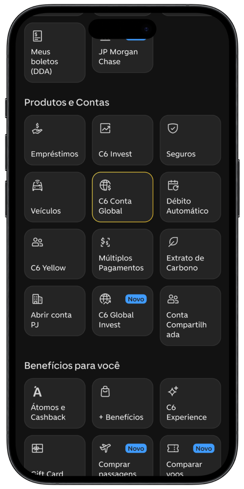 App C6 Bank menu opções