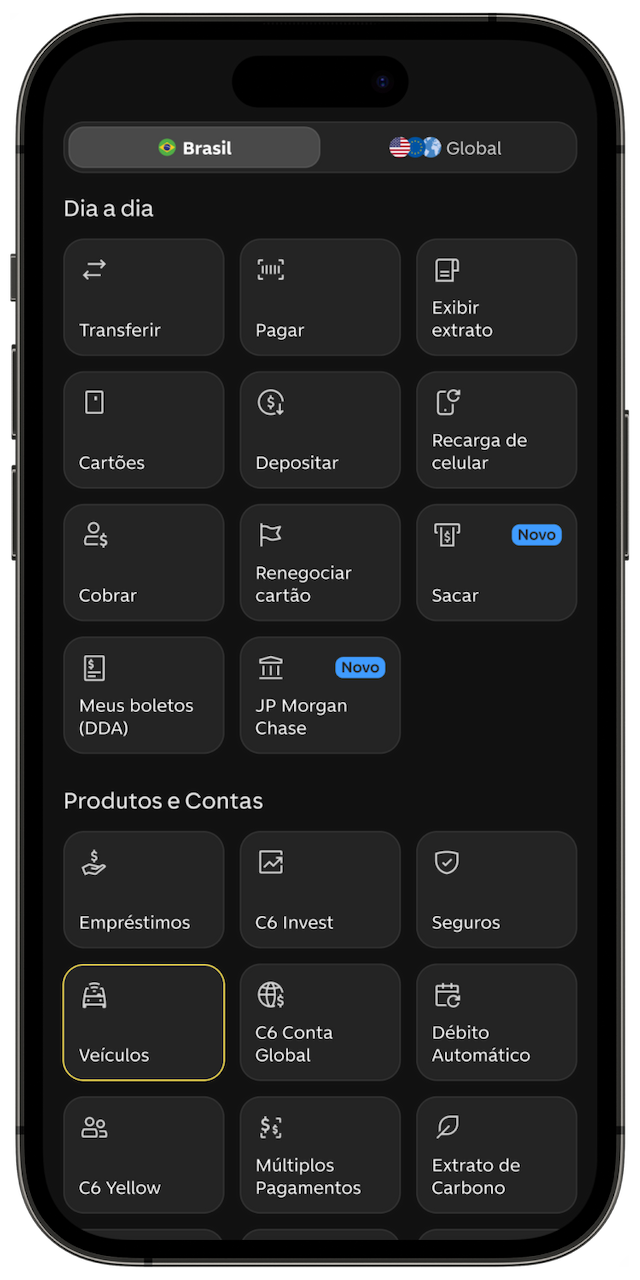 Imagem de celular aberto na tela do app do C6 Bank com todos os produtos, onde "Veículos" está selecionado