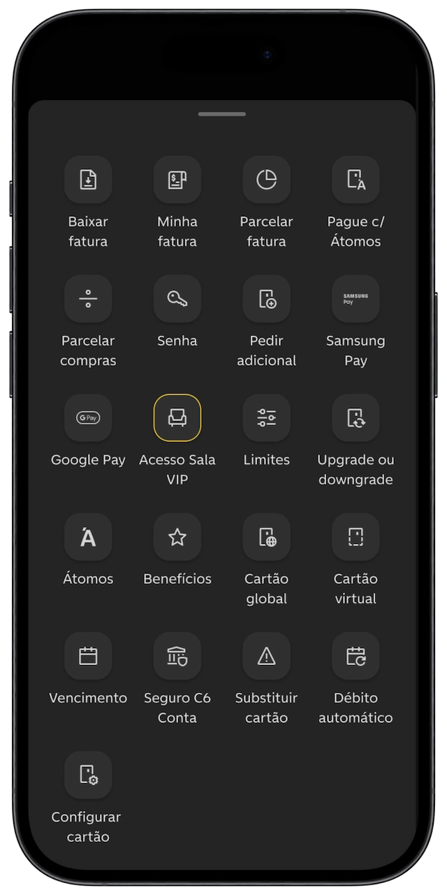 Tela inicial do app C6 Bank com ícones de funcionalidades como “Acesso Sala VIP”, “Cartão global” e “Seguro C6 Conta”.