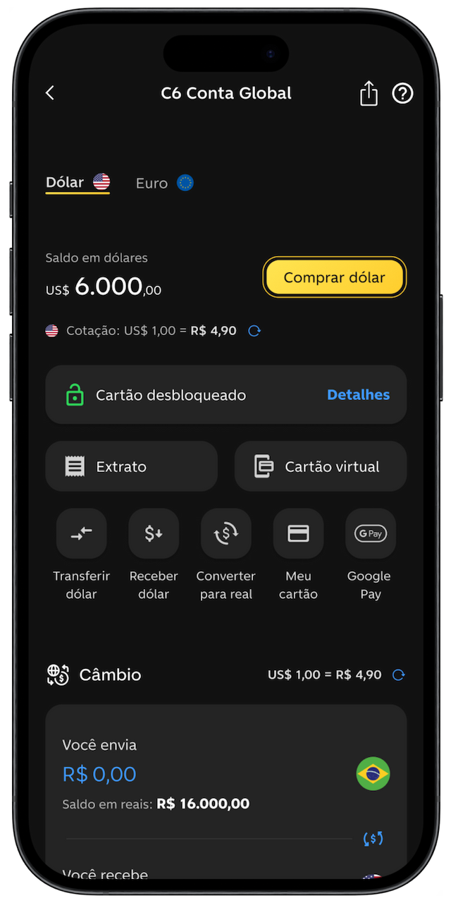 Celular com app do C6 Bank aberto na página de C6 Conta Global