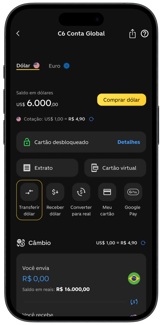 Celular com app do C6 Bank aberto na página de C6 Conta Global com Transferir dólar selecionado