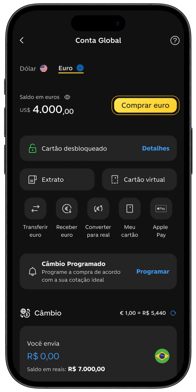 Imagem de celular aberto na home de C6 Conta Global dentro do app do C6 Bank