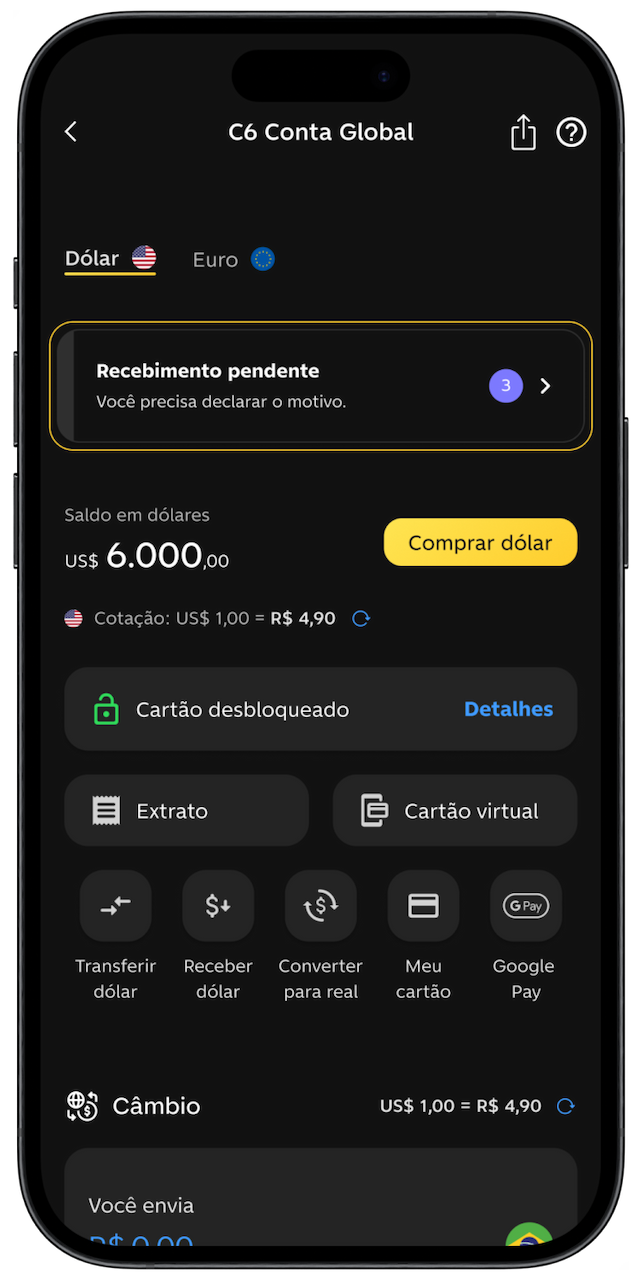 Celular com app do C6 Bank na tela principal de C6 Conta Global com aviso de Recebimento pendente destacado