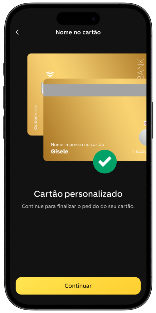 Tela do app do C6 Bank com cartão da C6 Conta Global personalizado