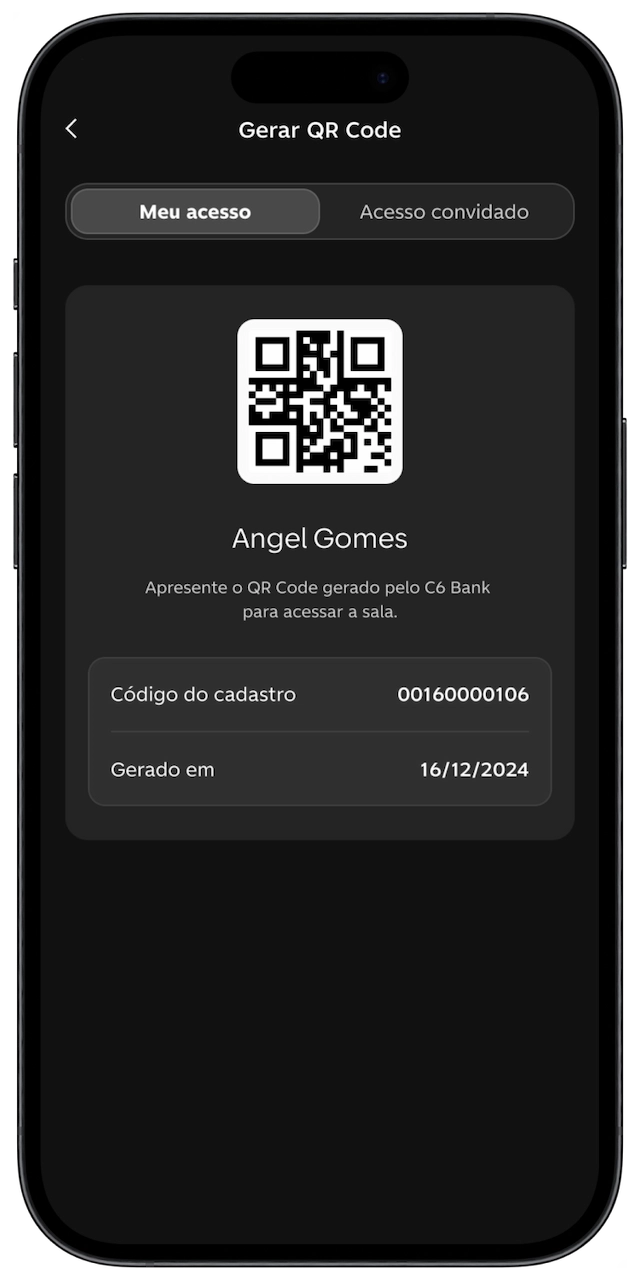 Tela do app C6 Bank com QR Code para acesso à sala VIP da DragonPass, nome “Angel Gomes” e detalhes do cadastro.