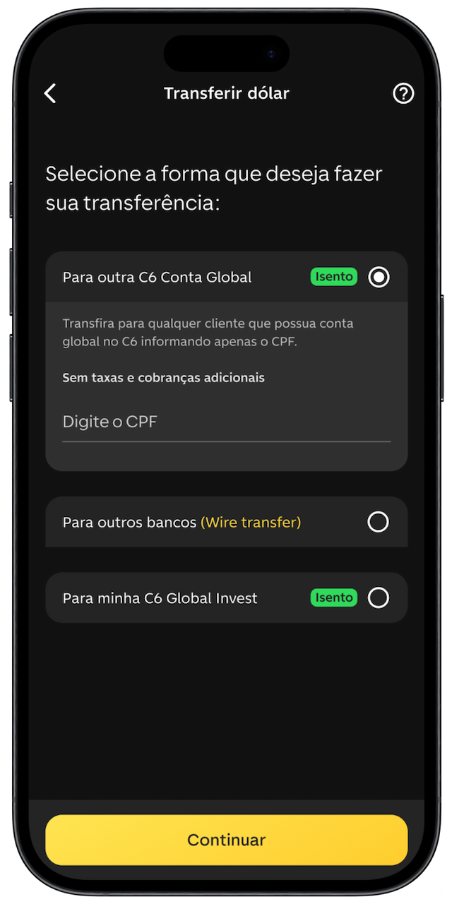 Celular com app do C6 Bank aberto na tela de transferência internacional