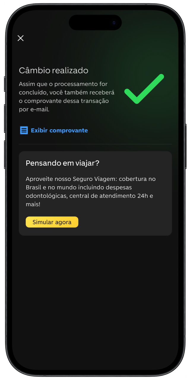 Imagem de celular aberto na tela de conclusão de câmbio, dentro do app do C6 Bank