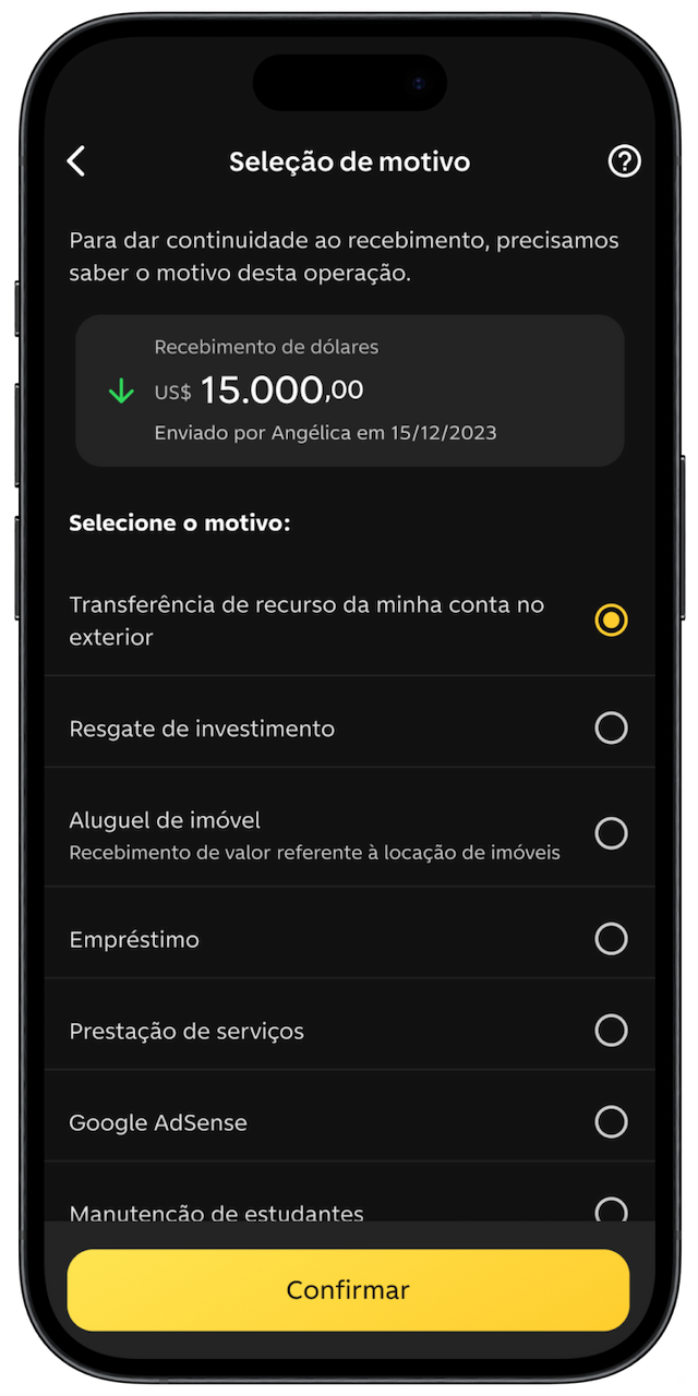 Celular com app do C6 Bank aberto na tela de seleção de motivo de recebimento de transferência internacional