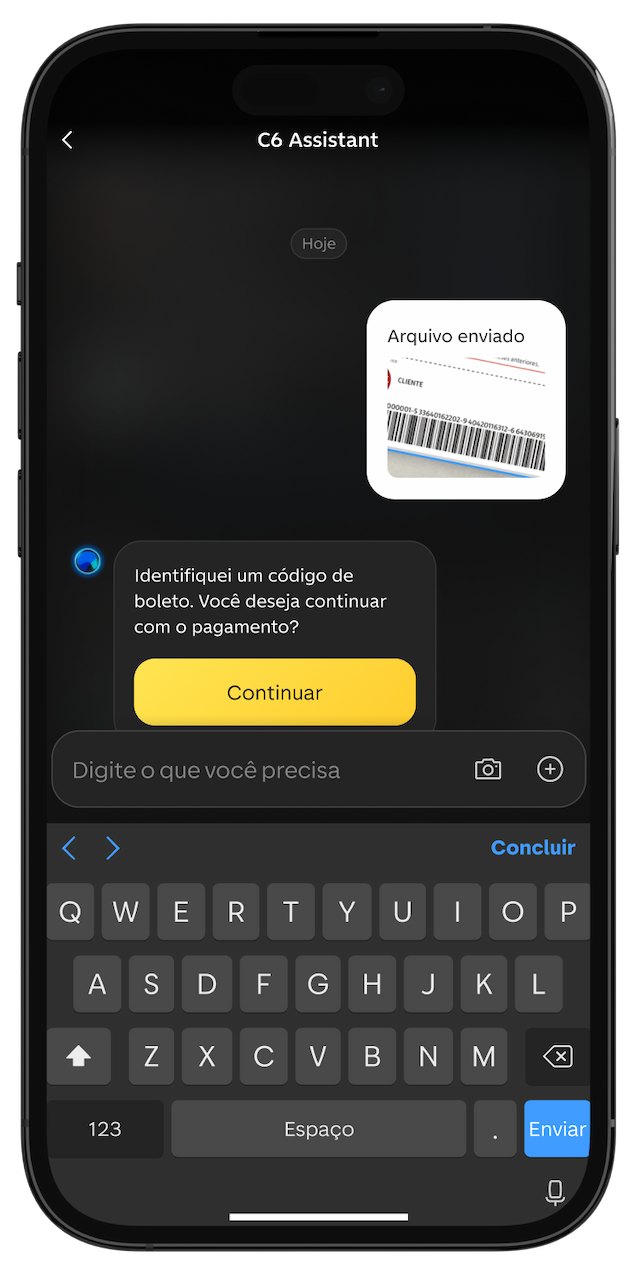 Tela do C6 Assistant exibindo um boleto identificado, com a opção de continuar o pagamento no botão amarelo "Continuar".