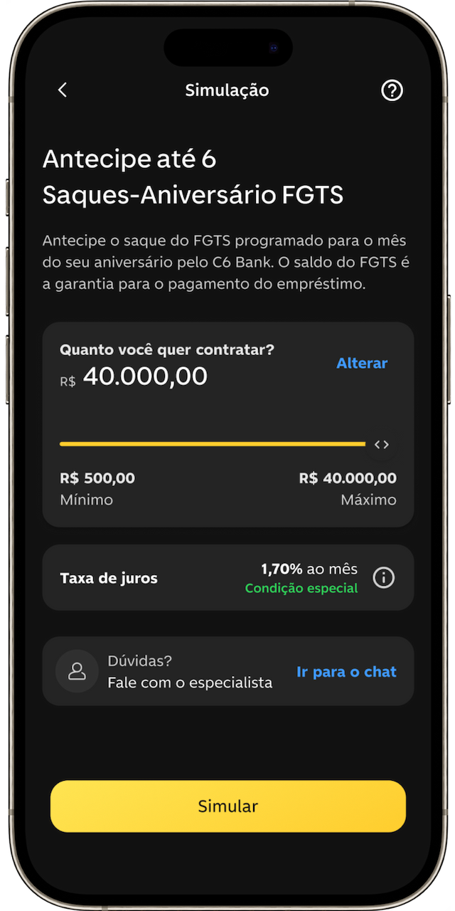 Celular aberto na tela de simulação do Saque-Aniversário FGTS dentro do app do C6 Bank