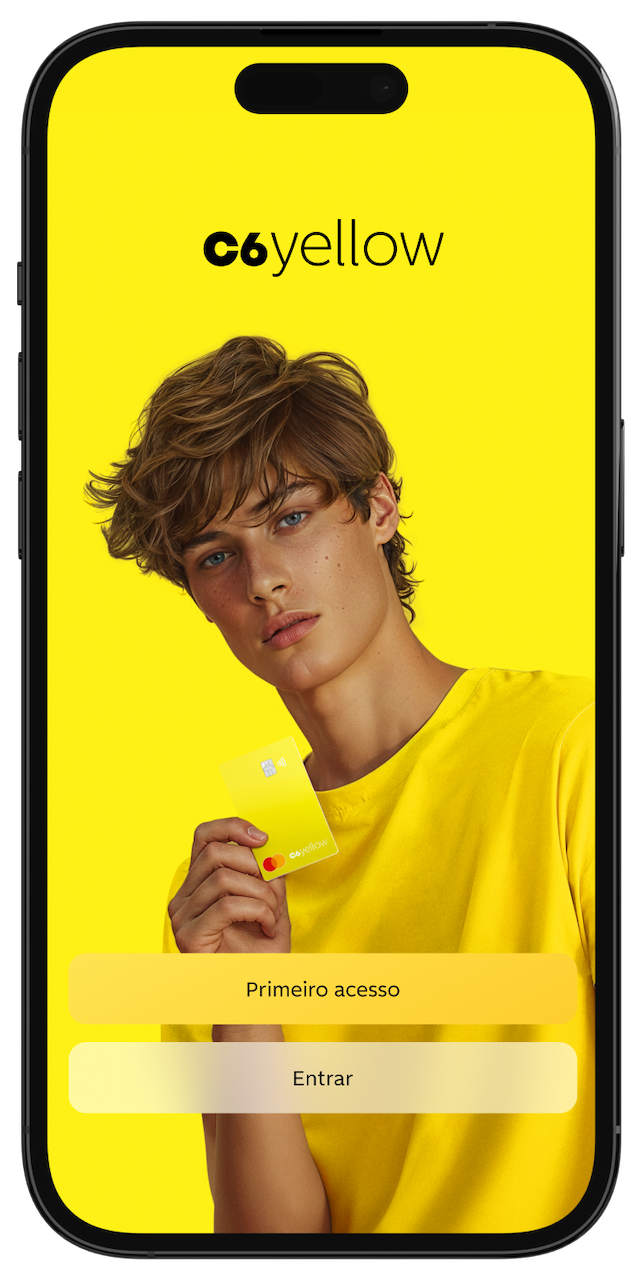 Tela de login do app C6 Yellow com jovem segurando o Cartão C6 Yellow e botões de acesso. Fundo amarelo.