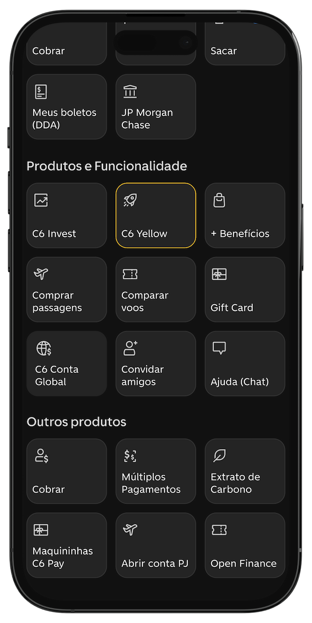 Menu do app C6 Bank com a opção "C6 Yellow" destacado.