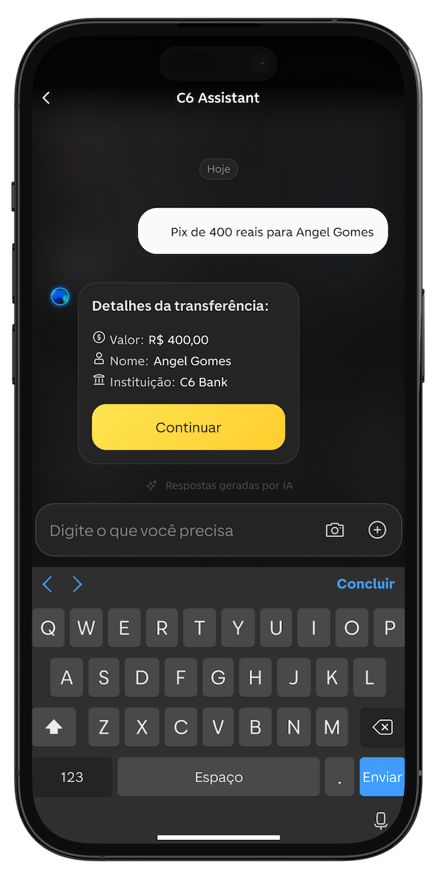 Tela do C6 Assistant com detalhes de um Pix de R$ 400,00 para Angel Gomes e o botão "Continuar".