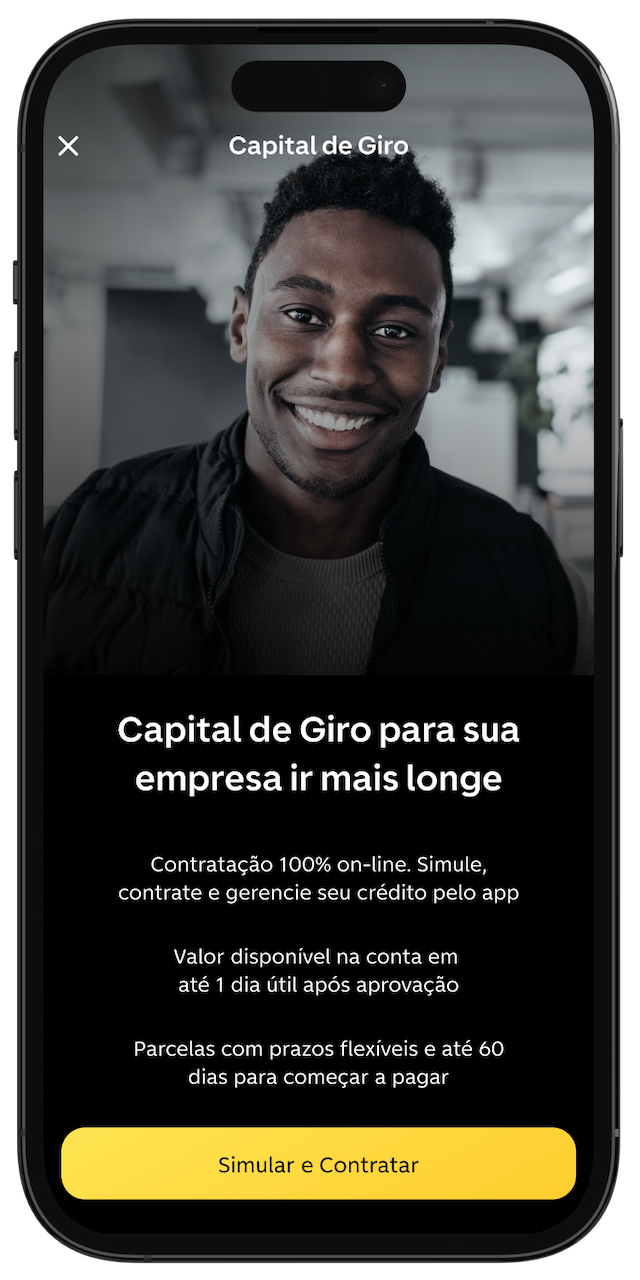 Imagem de celular com a tela inicial de Capital de Giro no app do C6 Bank