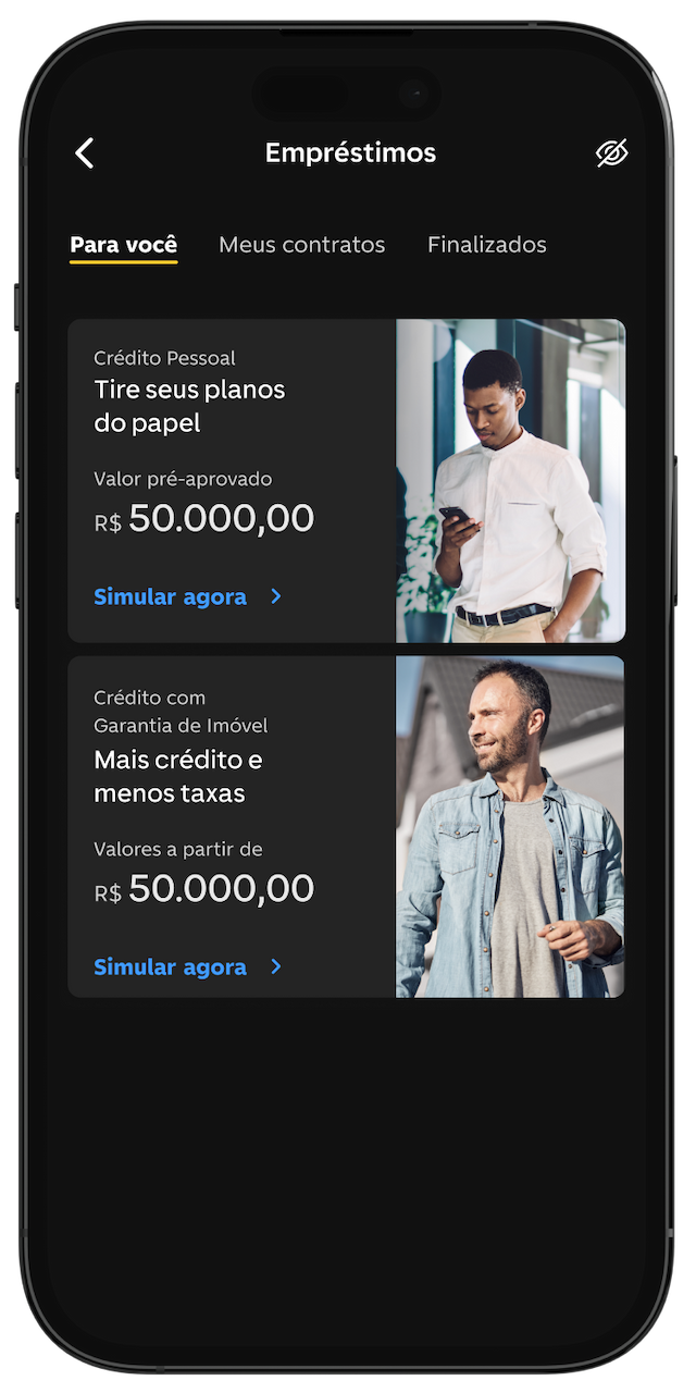 Imagem de celular com as opções de empréstimo destacadas dentro do app do C6 Bank