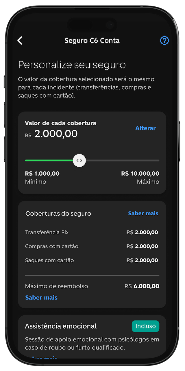 Celular aberto no app do C6 Bank, na tela de personalização do Seguro C6 Conta