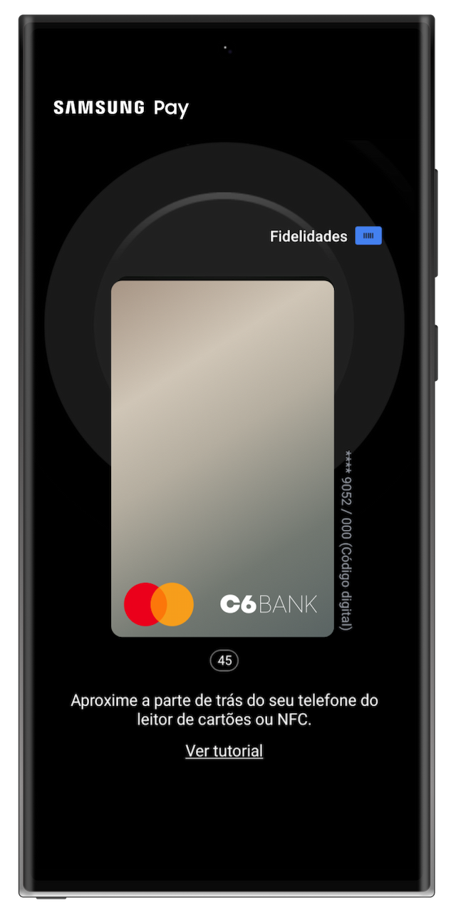Celular aberto na tela de pagamento Samsung Pay com o cartão do C6 Bank