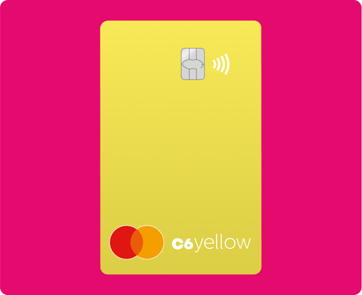 Cartão C6 Yellow com chip e logo Mastercard em fundo rosa vibrante.