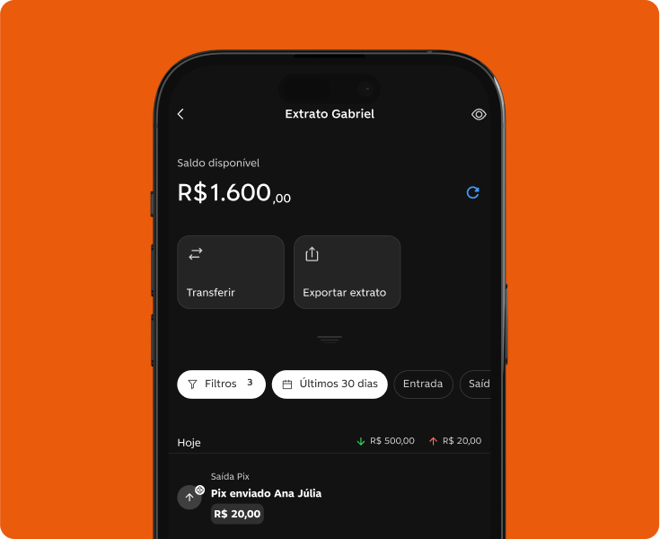 Tela do app C6 Yellow mostra o extrato de Gabriel com saldo de R$ 1.600,00 e uma transferência Pix de R$ 20,00 para Ana Júlia.