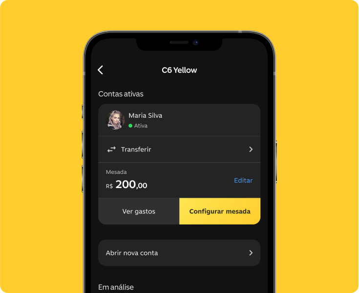 Tela do app C6 Yellow mostra a conta ativa de Maria Silva e mesada configurada em R$ 200,00, com opções de edição.