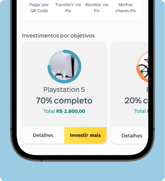 Tela do app C6 Yellow mostra objetivo de investimento para PlayStation 5 com 70% concluído e saldo de R$ 2.800,00 acumulado.