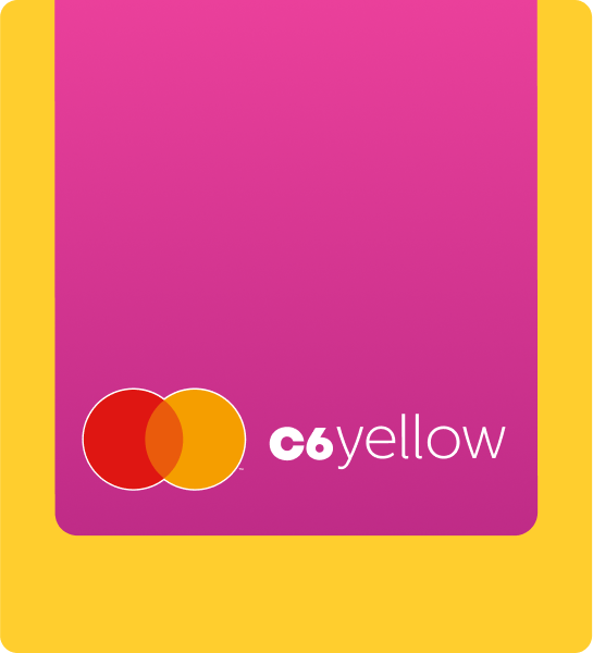 Cartão Pink da conta C6 Yellow com logo e bandeira Mastercard em fundo amarelo.