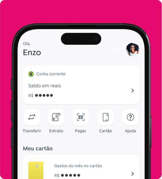 Tela do app C6 Yellow de Enzo, com saldo oculto e atalhos para transferências, extrato, pagamento e cartão.