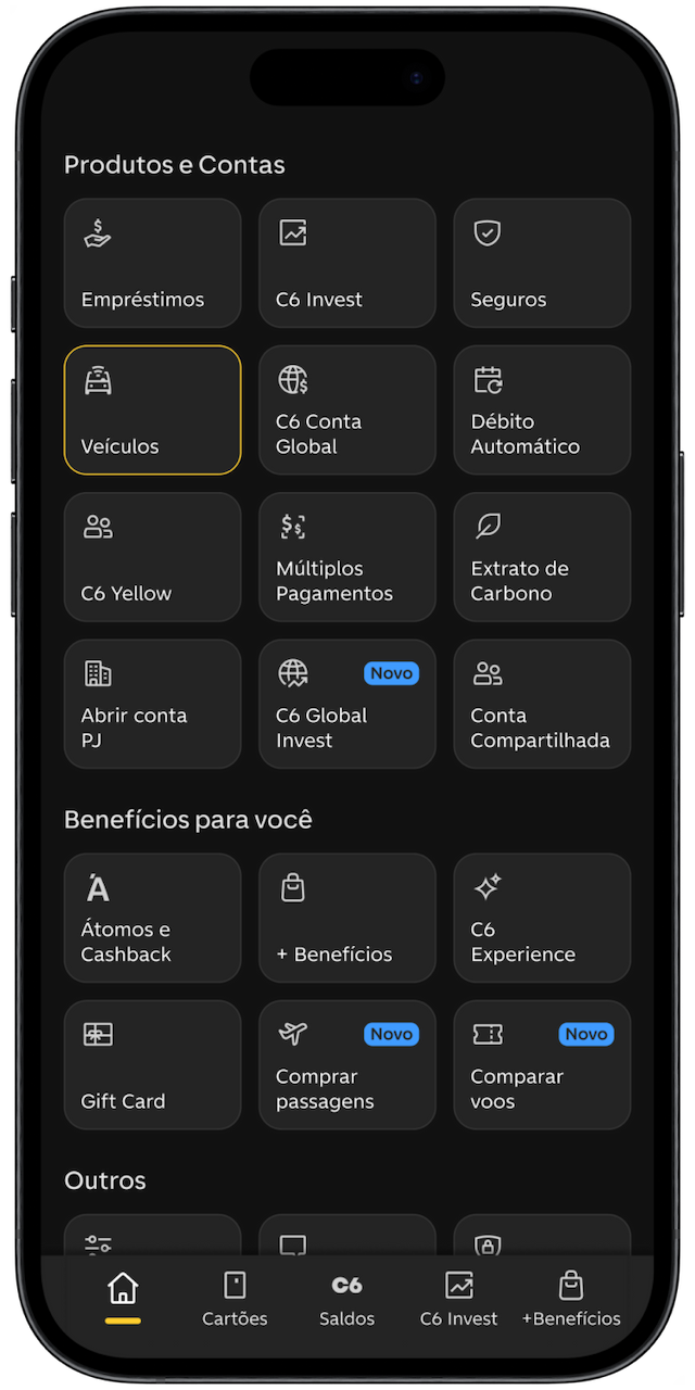 Imagem de celular com tela no app do C6 Bank com "Veículos" selecionados