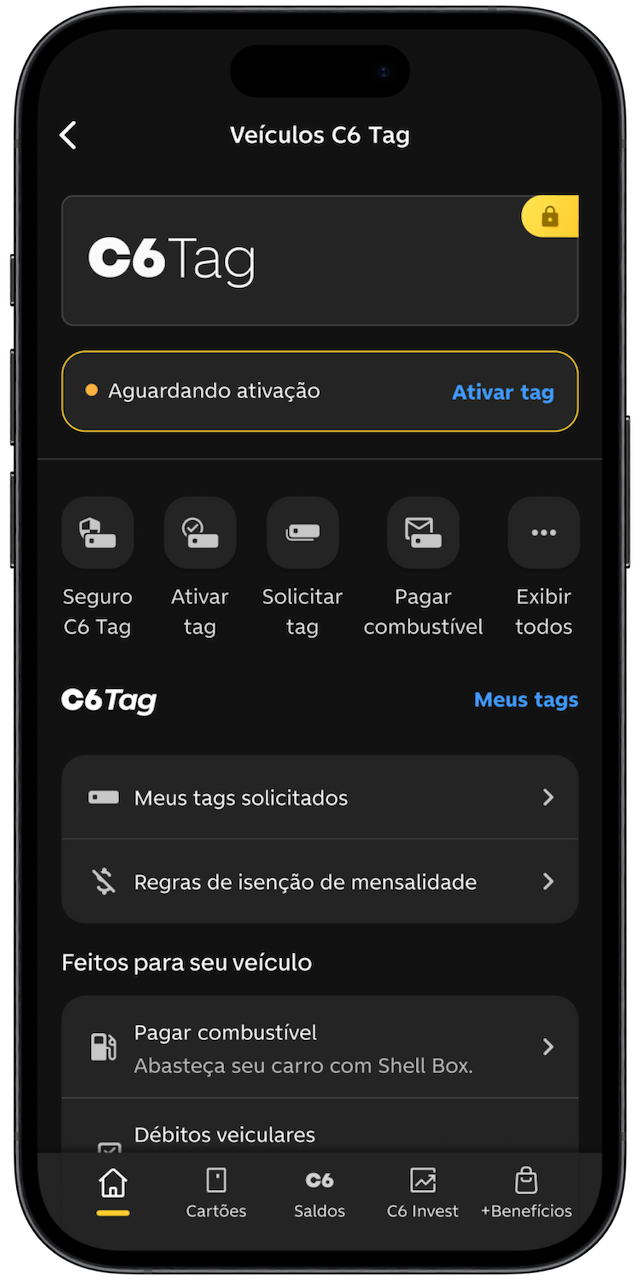 Imagem de celular com a tela do app na parte de ativação da C6 Tag