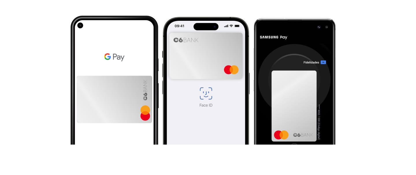 Foto com três celulares, cada um com o cartão C6 Business em uma carteira digital: Carteira do Google, Apple Pay e Samsung Wallet