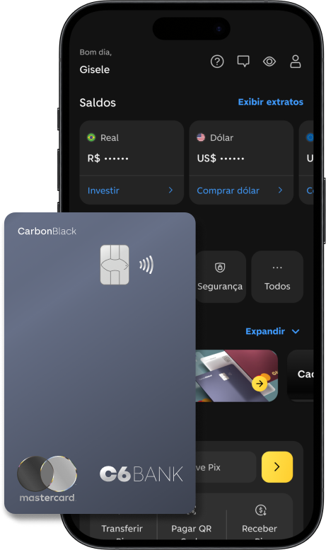 foto de um celular com  app c6 bank aberto com um cartão de crédito do c6 bank sobreposto