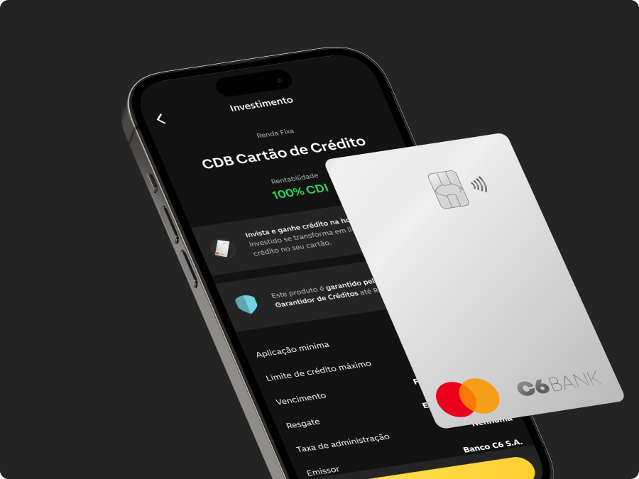 Celular aberto com app C6 Bank aberto na função CDB Cartão de Crédito e cartão C6 silver