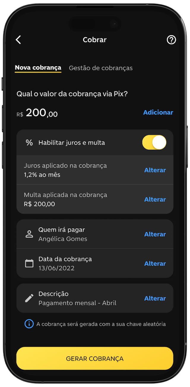 Tela de configuração de cobrança via Pix no app C6 Bank, com valor, juros, multa e dados do pagador. Botão "Gerar Cobrança" ao final.