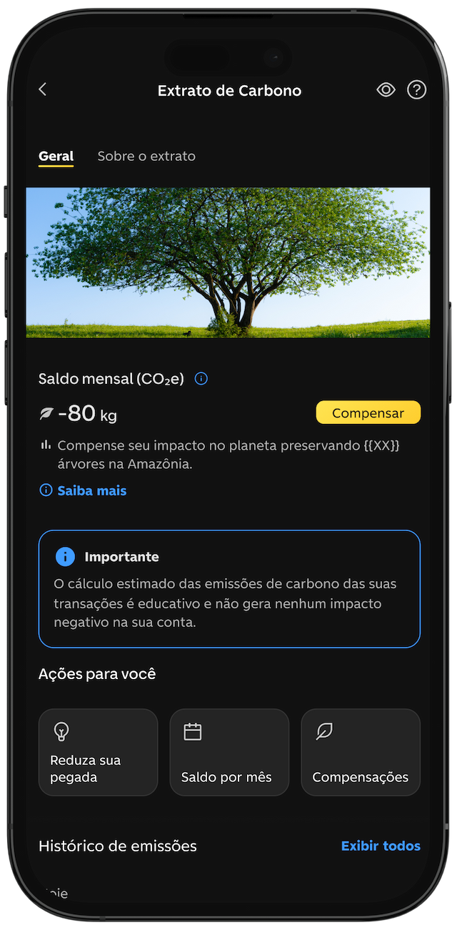 Tela do Extrato de Carbono do C6 Bank com saldo de emissões, botão "Compensar" e opções para reduzir a pegada de carbono.