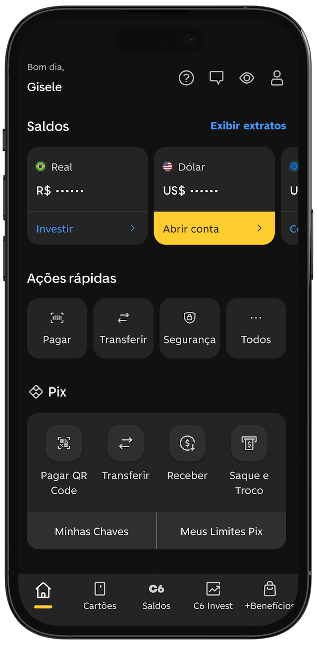 Tela inicial do app C6 Bank com saldo em reais e dólares, ações rápidas e opções Pix. Menu inferior para navegação.